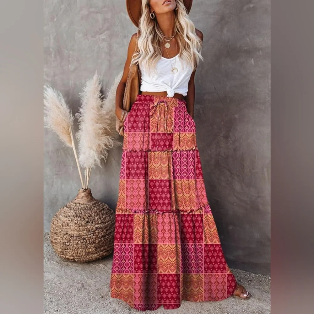 Maxi Skirt 70s Style Long Pocket Skirts - Long Floral Boho Patchwork Print Skirt - Picture 5 of 9